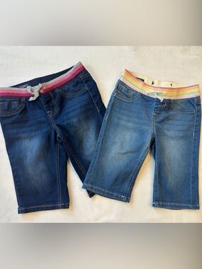 Girls' Dark Blue Denim Bermuda Shorts with Rainbow Waistband